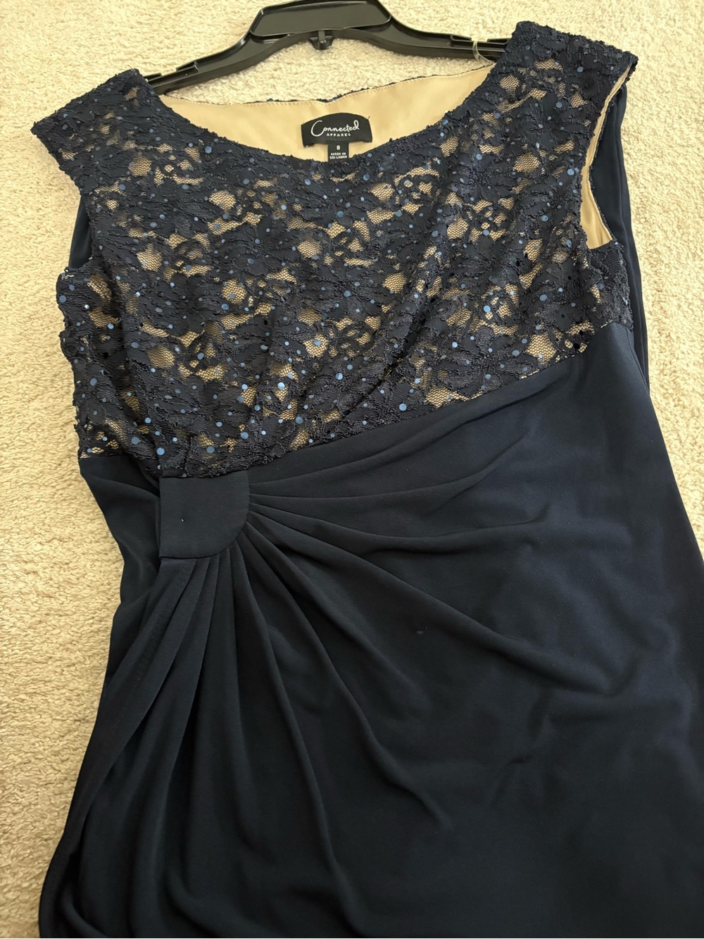 Connected Apparel Navy Lace Midi Dress with Beaded Bodice